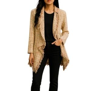 RENEE C NWT Boho Fringe Asymmetrical Draped Cardigan Pink Tan Open Waterfall L